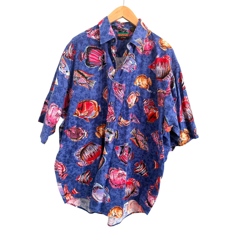 Tango by Max Raab Fish Print Shirt Mens XL Vintage Cotton Hawaiian Button Up